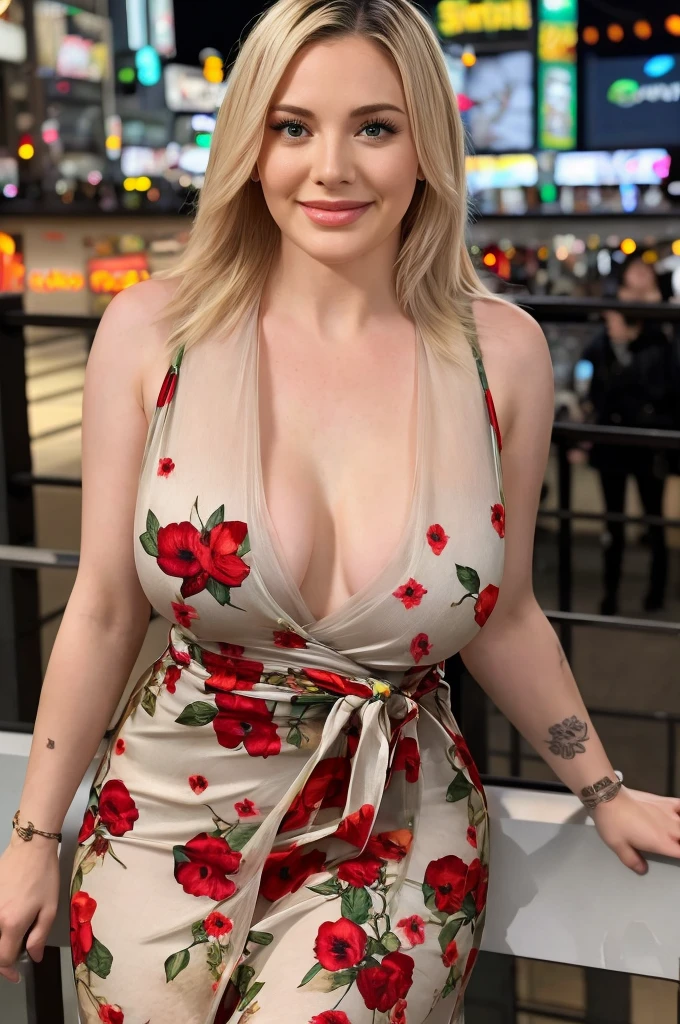Full body portrait of Emma, happy Beautiful blonde 24 years old woman, in the middle of a crowded tokyo street, big smile, canon 35 mm, midnight, realistic portrait, highly detailed, analog style, chest cleavage, hyper realistic, model body, big breasts, Beautiful breasts and ,, wearing a cute sheer dress, cleavage, revealing outfit, candid photo, wearing a sexy Floral Print Knot Front Lantern Sleeve dress, sheer dress, beautiful upper body, big leaf , she tit, looks hot