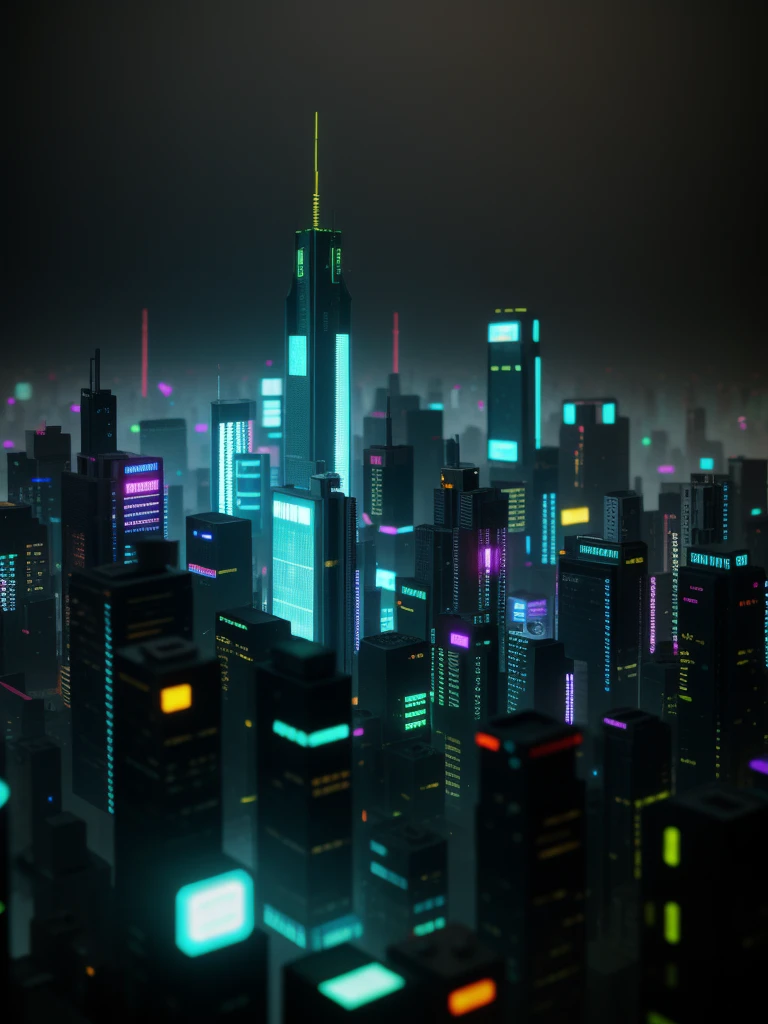 close up of a cyberpunk city made from ral polygon, fotografia tilt-shift