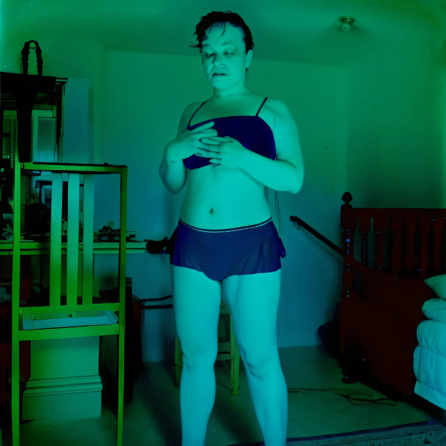 there is a woman in a blue bikini standing in a room, full body profile camera shot, full body in camera, unsettling photo, stable diffusion self portrait, full body photgraph, centered full-body shot, inspired by Nan Goldin, dark photo, obscured underexposed view, eerie self - portrait, distorted pose, photoscan