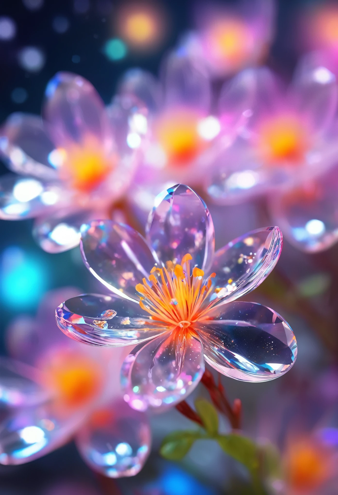 crystal spring blossom,
fantasy, galaxy, transparent, 
shimmering, sparkling, splendid, colorful, 
magical photography, dramatic lighting, photo realism, ultra-detailed, 4k, Depth of field, High-resolution