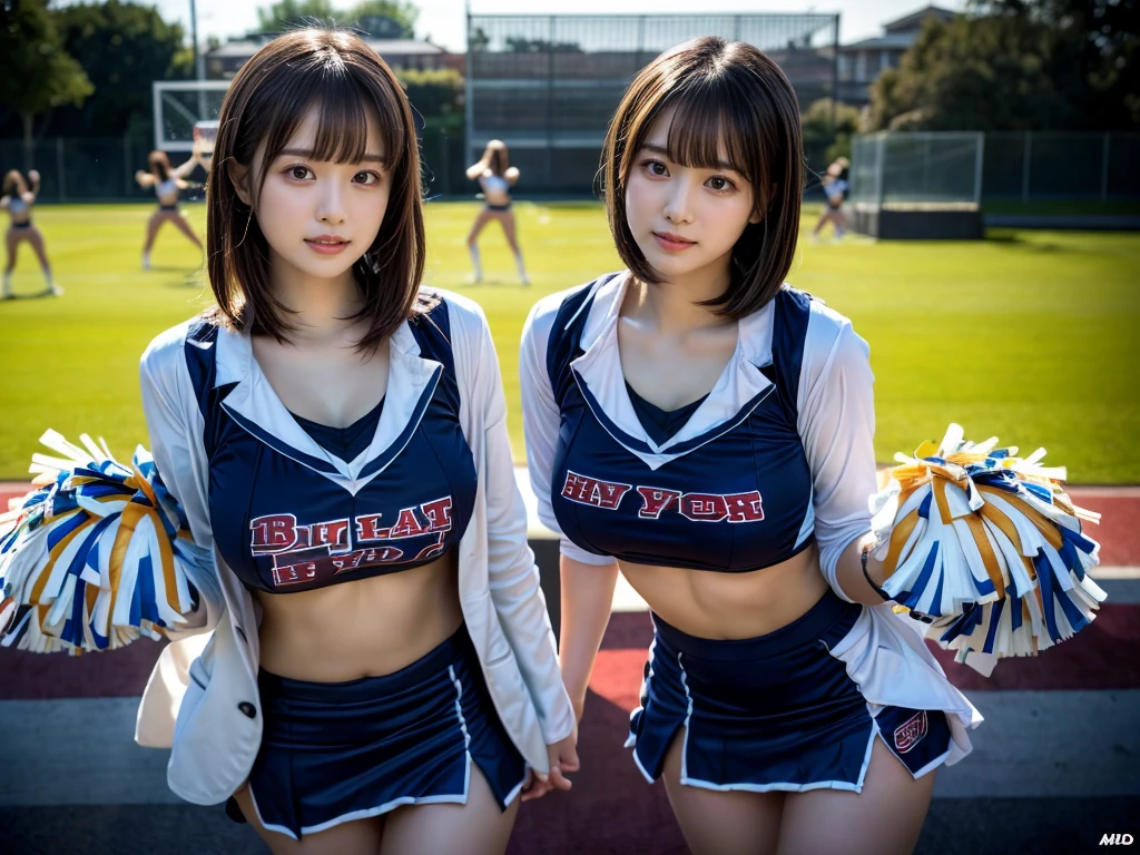 (RAW photo, 4k, masterpiece, high resolution, extremely complex) (realistic: 1.4), cinematic lighting
 ((2 girls, 2 girls)),blushing,((innocent)),bright eyes,round eyes,blunt bangs,(short bob hair:1.3),black hair,large breasts,wide hips,Summer Noon, ,Hot, (Best Quality), (Highres), (an Extremely Delicate and Beautiful),(Beautiful 8k face),(Brown eyes),( spectators),(gigantic breasts),(Play with each other,Touching each other's bodies,Touching the body),(cheer girl:1.5),(a miniskirt),(reality),bright lighting,(The background is a luxury hotel room)