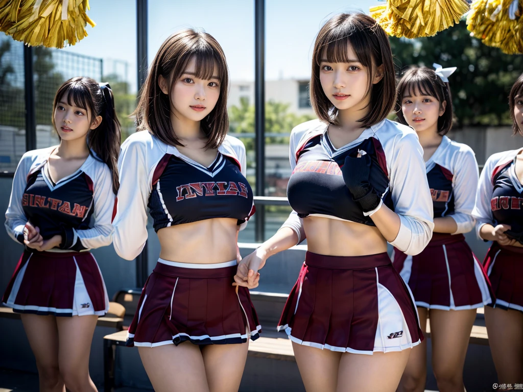 (RAW photo, 4k, masterpiece, high resolution, extremely complex) (realistic: 1.4), cinematic lighting
((2 girls, 2 schoolgirls)),blushing,((innocent)),bright eyes,round eyes,blunt bangs,(short bob hair:1.3),black hair,large breasts,wide hips,Summer Noon, ,Hot, (Best Quality), (Highres), (an Extremely Delicate and Beautiful),(Beautiful 8k face),(Brown eyes),( spectators),(gigantic breasts),(Play with each other,Touching each other's bodies,Touching the body),(cheer girl:1.5),(a miniskirt),(reality),bright lighting,(The background is a luxury hotel room)