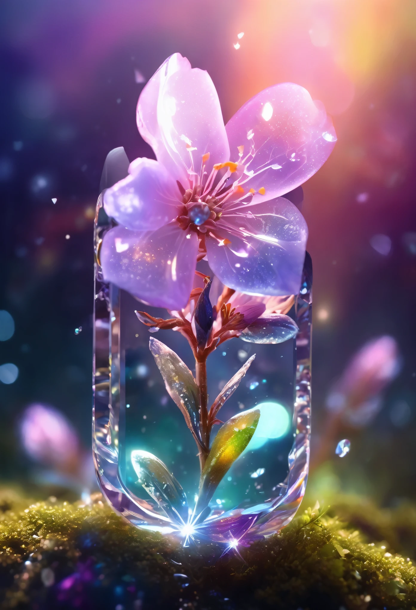 crystal spring blossom,
fantasy, galaxy, transparent, 
shimmering, sparkling, splendid, colorful, 
magical photography, dramatic lighting, photo realism, ultra-detailed, 4k, Depth of field, High-resolution