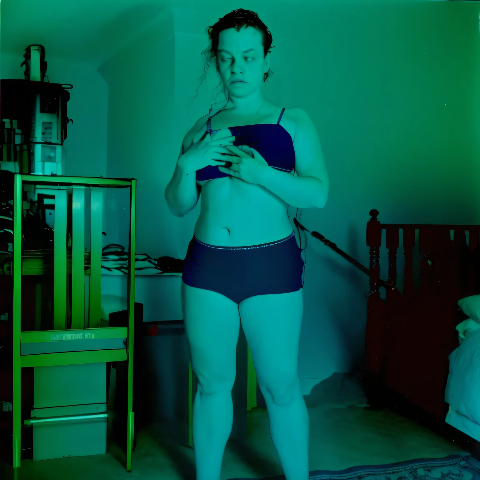 there is a woman in a blue bikini standing in a room, full body profile camera shot, full body in camera, unsettling photo, stable diffusion self portrait, full body photgraph, centered full-body shot, inspired by Nan Goldin, dark photo, obscured underexposed view, eerie self - portrait, distorted pose, photoscan