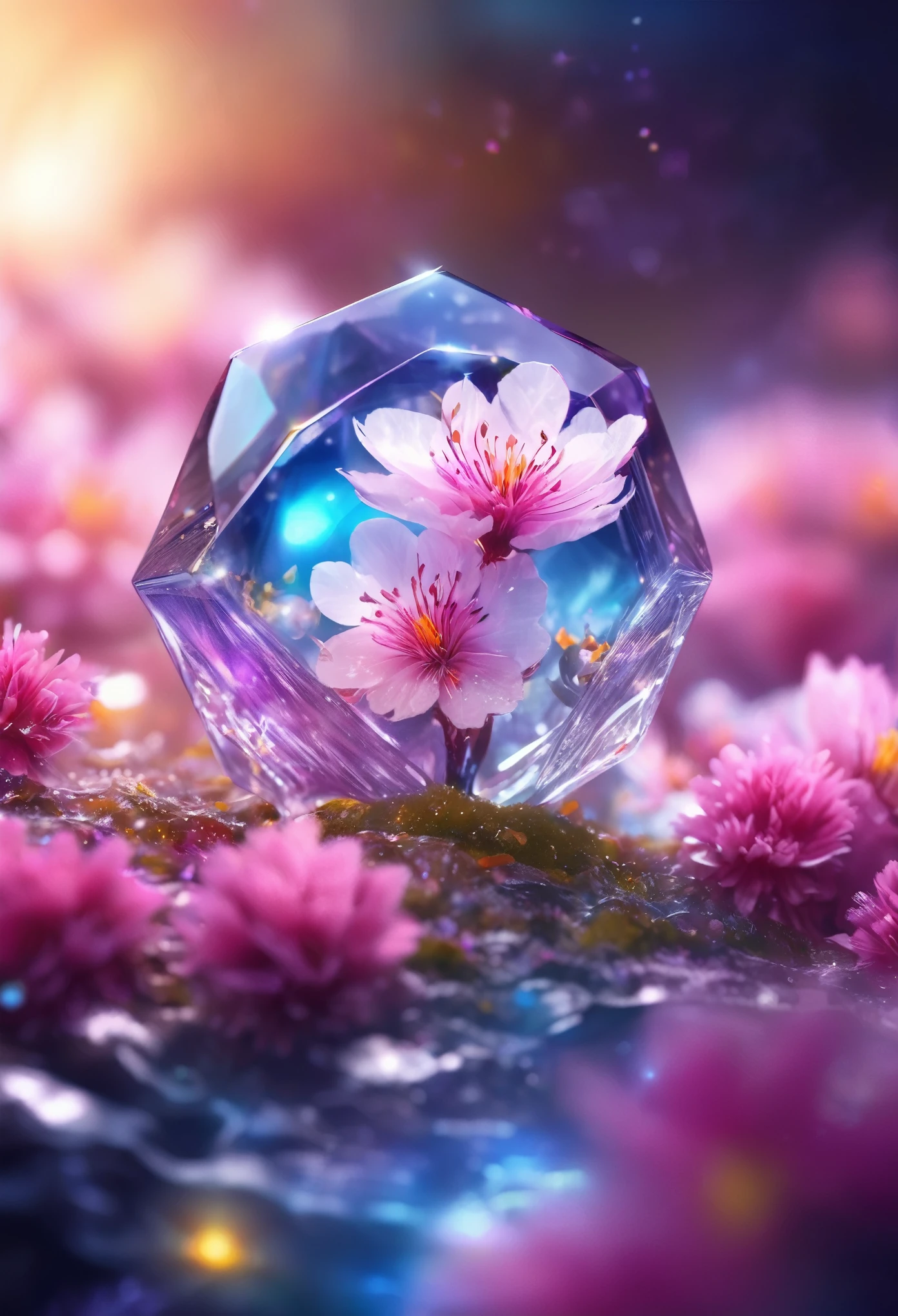 crystal spring blossom,
fantasy, galaxy, transparent, 
shimmering, sparkling, splendid, colorful, 
magical photography, dramatic lighting, photo realism, ultra-detailed, 4k, Depth of field, High-resolution