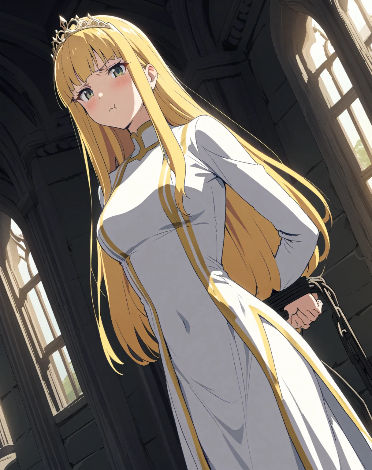 {{upper body, dutch angle}} {{Artist: Sincos}} 1 woman, 2 guards on either side restraining her, 2 men wearing armor, mature female, elegant, princess, medium breasts, straight hair, golden hair, long hair, hime cut, green eyes, white dress, gold trim, tiara, looking at viewer, pout, restrained by two men, faceless male, outdoors, garden, palace, cloudy, moonlight, window.
