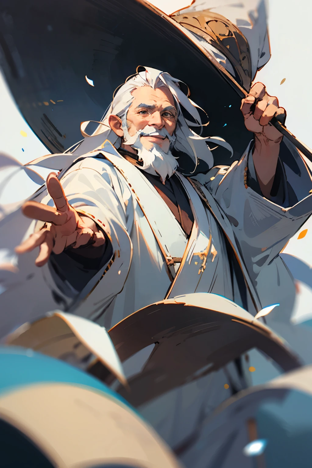 old friendly smiling wizard with white beard and long robe