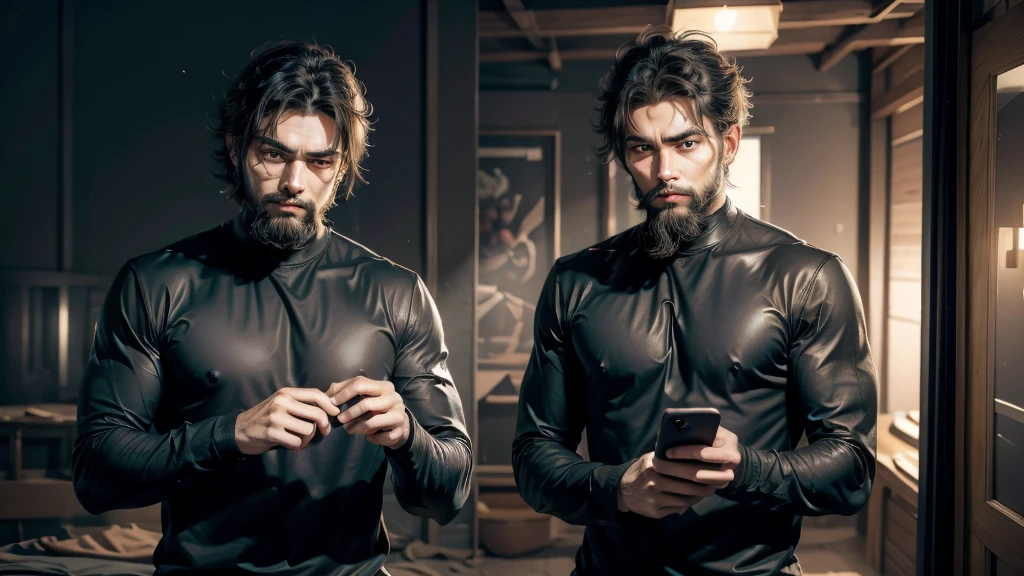 create enthusiastic man working on artificial intelligence with short beard, com uma capa preta, medium hair falling over the face, with cell phone in hand