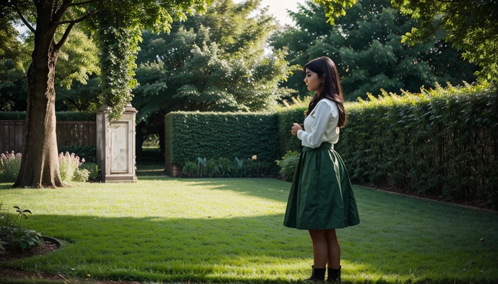 green garden a girl emotional but standing during think