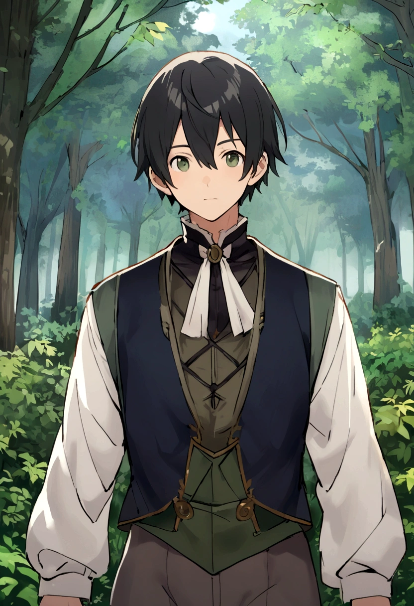 man in makoto shinkai's style, shoulder-length straight black hair, forest background, european clothing
