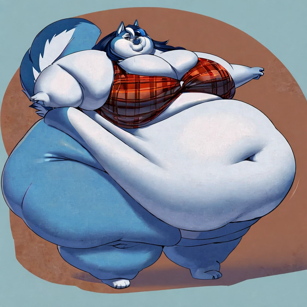 Malamute, female, huge breasts, huge hips, huge thighs, long hair, huge belly,fat arms, fat legs, belly rolls, fat rolls,double chin, chubby cheeks,blue body, white highlights, dark blue hair,rolled up tail