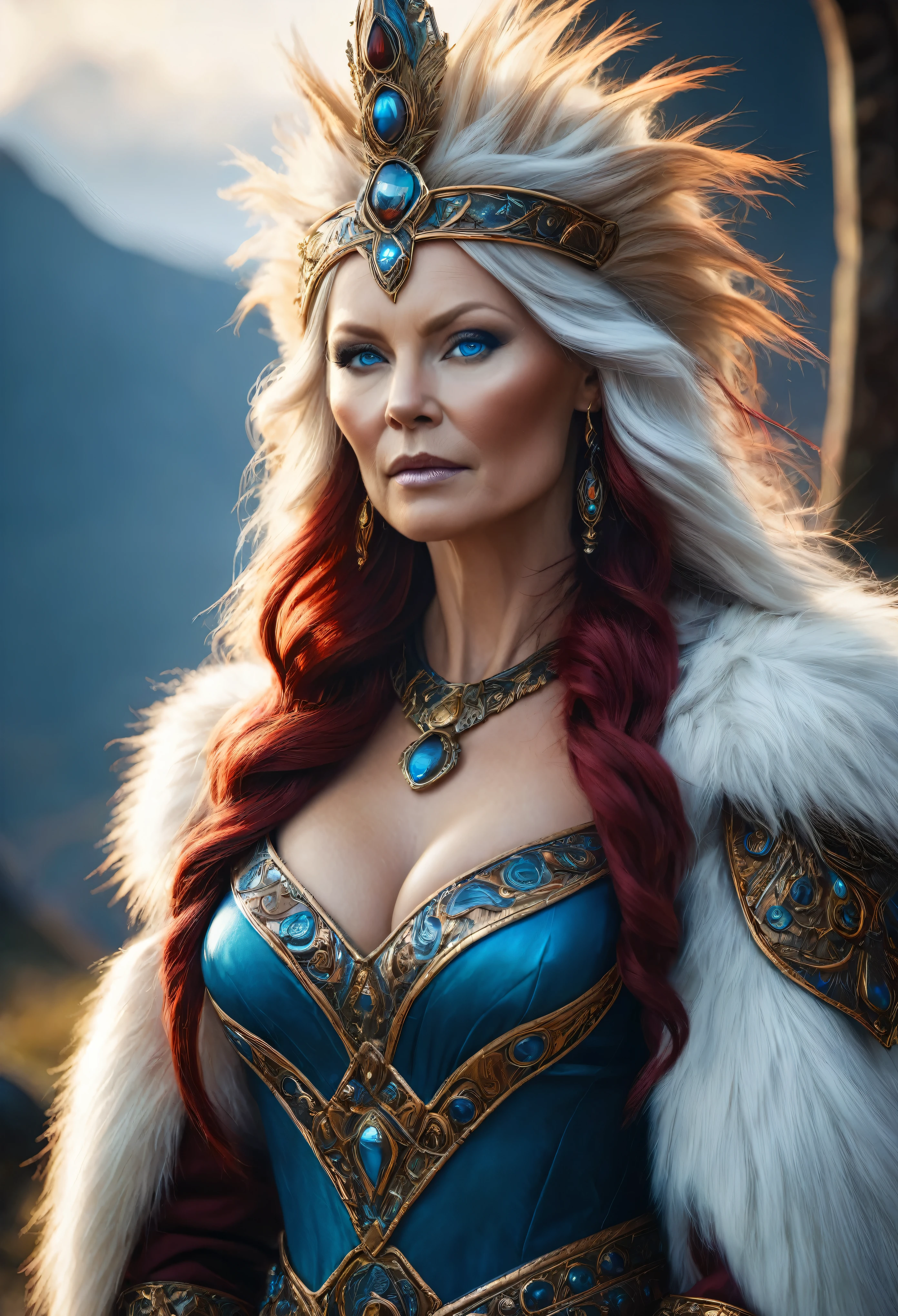 Full body Portrait of the Great Nordic Queen, a very gorgeous woman, 50 years old, thick healthy body, erotic warrior costumes, dark red styled fluffy hair, natural Blue eyes, a nose with a bump, an elongated chin, dressed in ancient national,
8k resolution, dynamic lighting hyperdetailed intricately detailed Splash art trending on Artstation triadic colors Unreal Engine 5 volumetric lighting, oil painting, heavy strokes