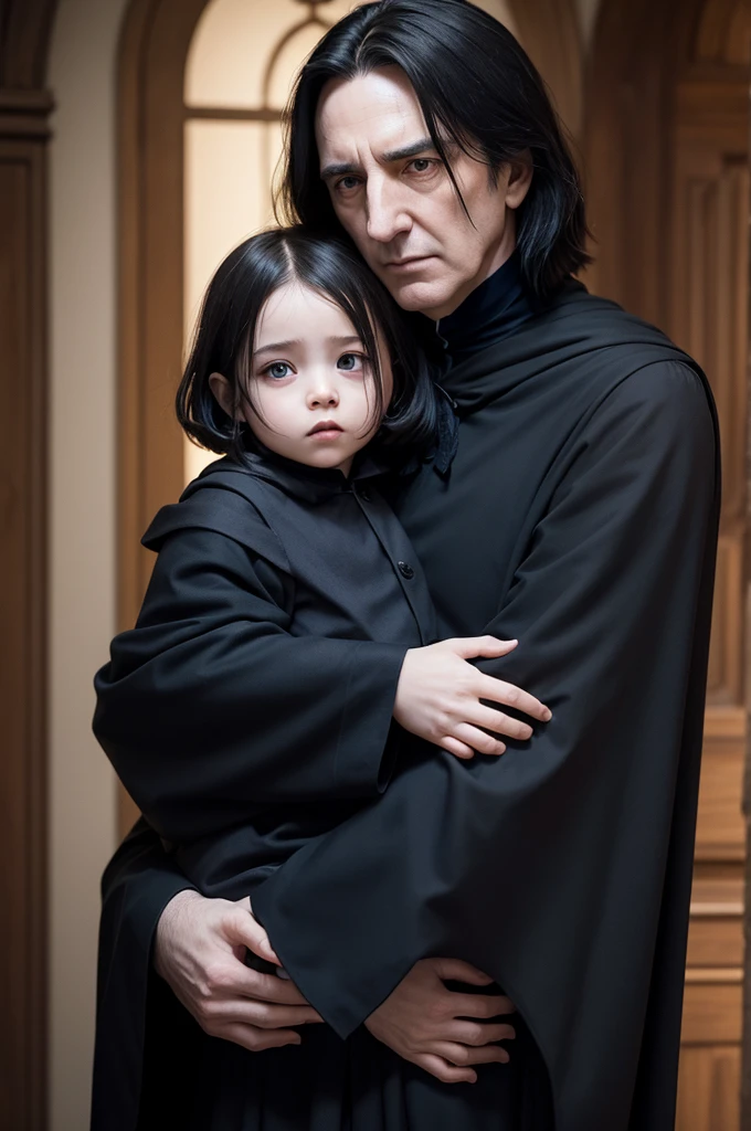 Make an ultra-realistic image, Mega 4k of Professor Severus Snape with a serious and mysterious expression holding a 1 year old baby, ruiva do cabelo curto ecaracolado, de olhos azuis e poucas sardas no rosto, with a dark blue baby outfit. The setting is in a dark and ancient mythological house with dark colors. Snape looks at her sternly as he holds her in his arms..