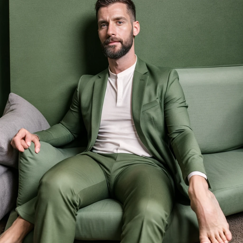 masculine, bearded lean 35 years old male doctor wearing a dark green suit and barefeet. He is very tall and relaxing on a small sofa. His feet are visible in the picture.