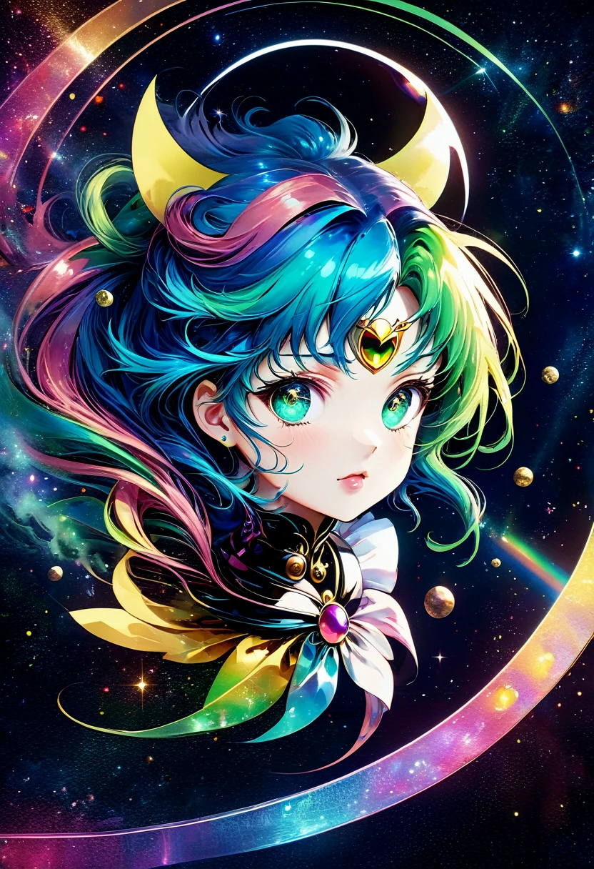 Two dimensions，A super cute &quot;Sailor Moon&quot;（Sailor Moon），mini image，Beautiful slim girl in anime style，cyberpunk，Steampunk，Fault art，Holographic projection，mechanical aesthetics，antiquity，neon lights，Laser light，fluorescence，space light，glow effect，Intersex lighting，rainbow foil，Unreal Engine，Deep hybrid minimalism/Maximalist two-dimensional pointillism style，photorealistic oil painting/Watercolor style，Cute happy expression，Holographic specimen with layered shadows，Hazy ruby and opal kaleidoscope on onyx background，Diffuse ionospheric reflection，Vibrant iridescent sharp contrasting colors，inspired by edgar degas、Vermeer、Mucha、Masterpieces by Monet and other masters，complex against neon、Money、uranium、Tin magnetosphere detail。high definition definition，masterpiece，Extra large round monochrome eyes，whole body，Big head doll，front view，cute aesthetic，rich background，Rich in details。