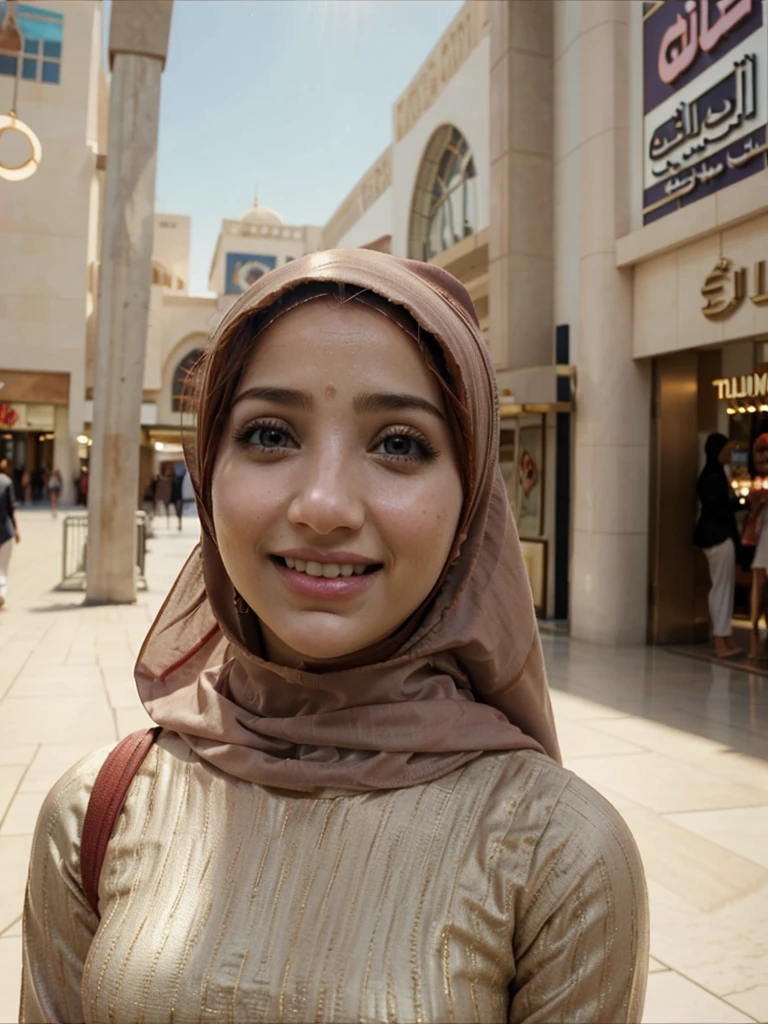 milf wearing a hijab, cinematic lighting, realistic skin, blushing, cute, sunlight, smiling, abaya, mall, Emily Rudd