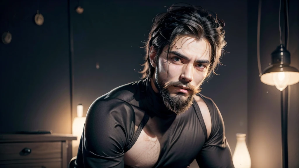create enthusiastic man working on artificial intelligence with short beard, com uma capa preta, medium hair falling over the face, 