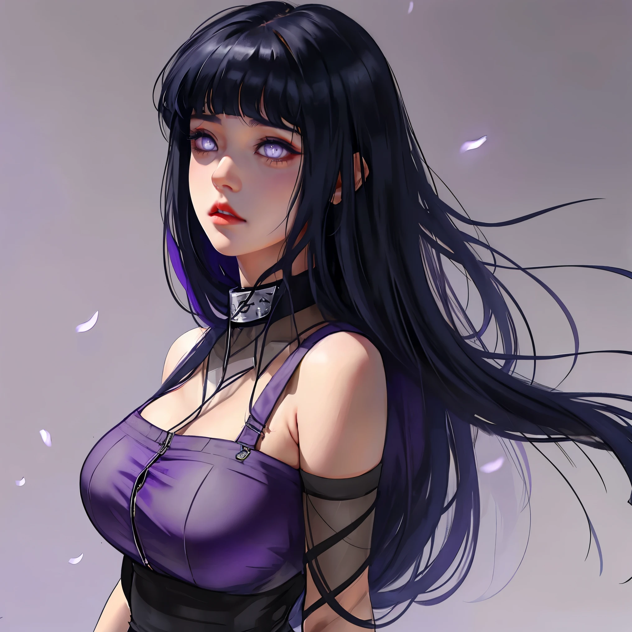 Hinata Hyuga, the last, shy girl, long black hair, blunt bangs, dark hair, Voluminous hair, lavender eyes, no pupils, Lavender Sleeveless Blouse, big breasts, slim waist, masterpiece, best quality, Professional, realistic.