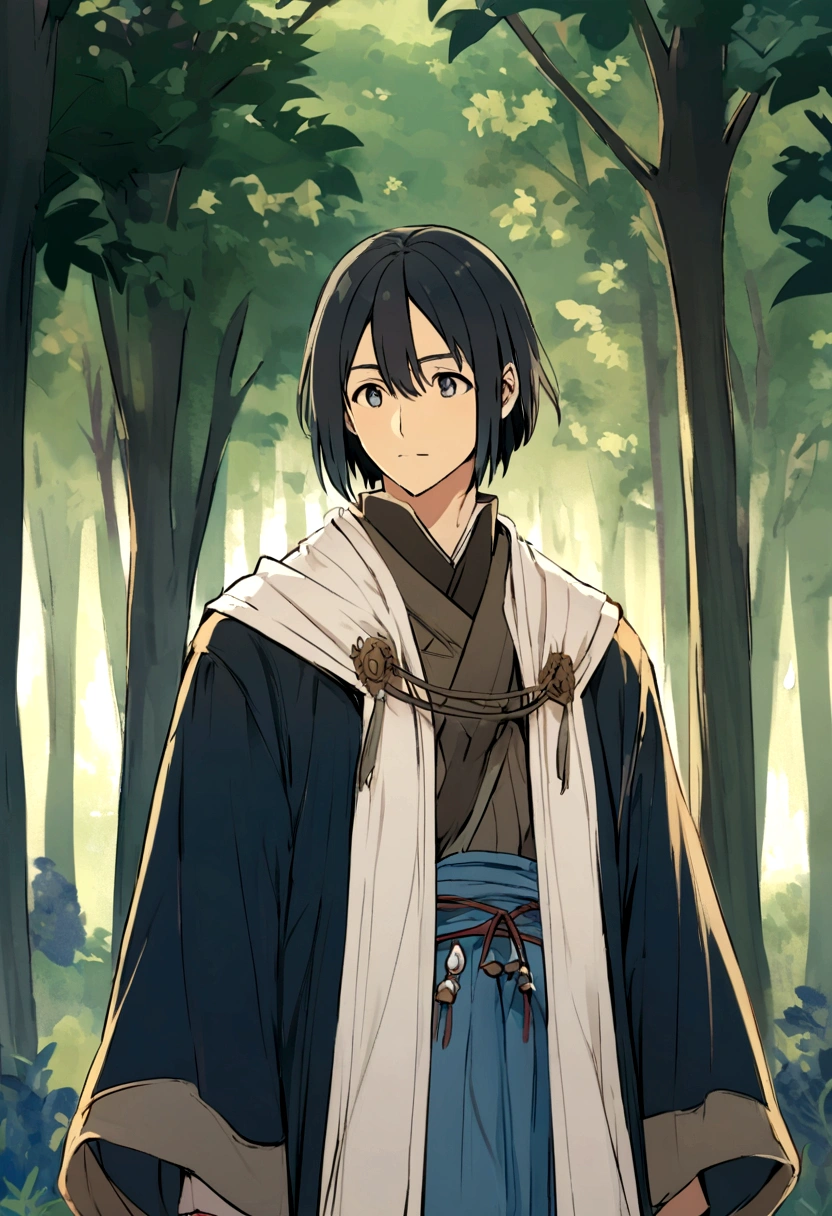 man in makoto shinkai's style, shoulder-length straight black hair, forest background, european clothing