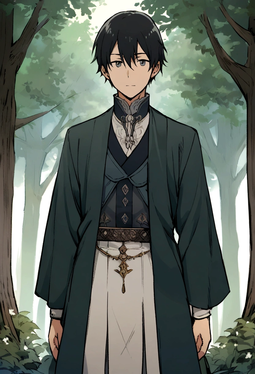 man in makoto shinkai's style, shoulder-length straight black hair, forest background, european clothing