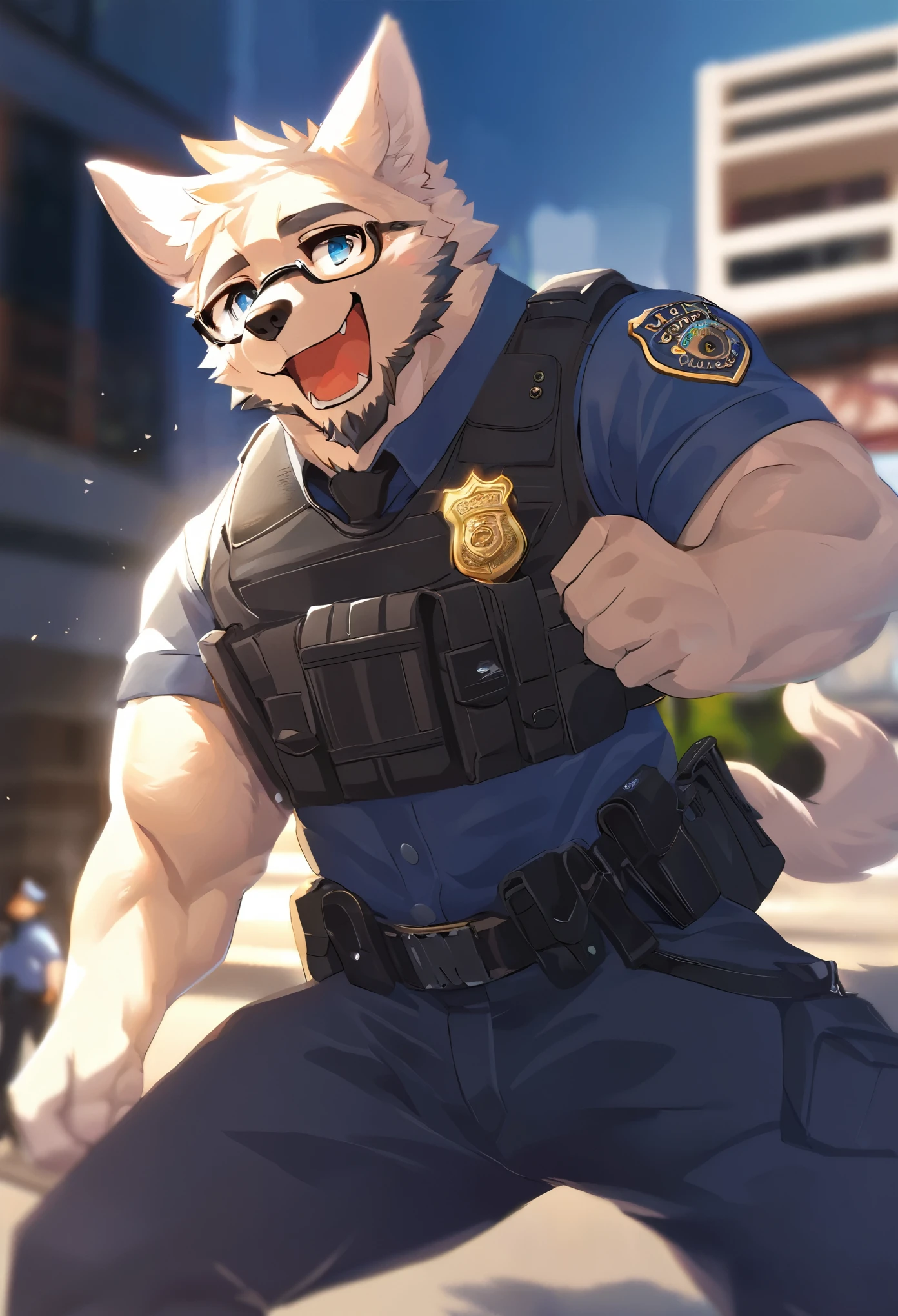 highres, paid reward available, unparalleled masterpiece, street(highly detailed beautiful face and eyes)absurdres, perfect anatomy, good lighting, volumetric lighting, cinematic shadow(angelic handsome 1boy, kemono, solo focus, single, muscle man, beard, dignified, Laugh wildly, glasses)(furry anthro:1.7)(Furry body, dog facial features, dog body features)(very detailed body fur)dynamic pose, ((police officer, black police uniform))muscle, facial hair, shirt,