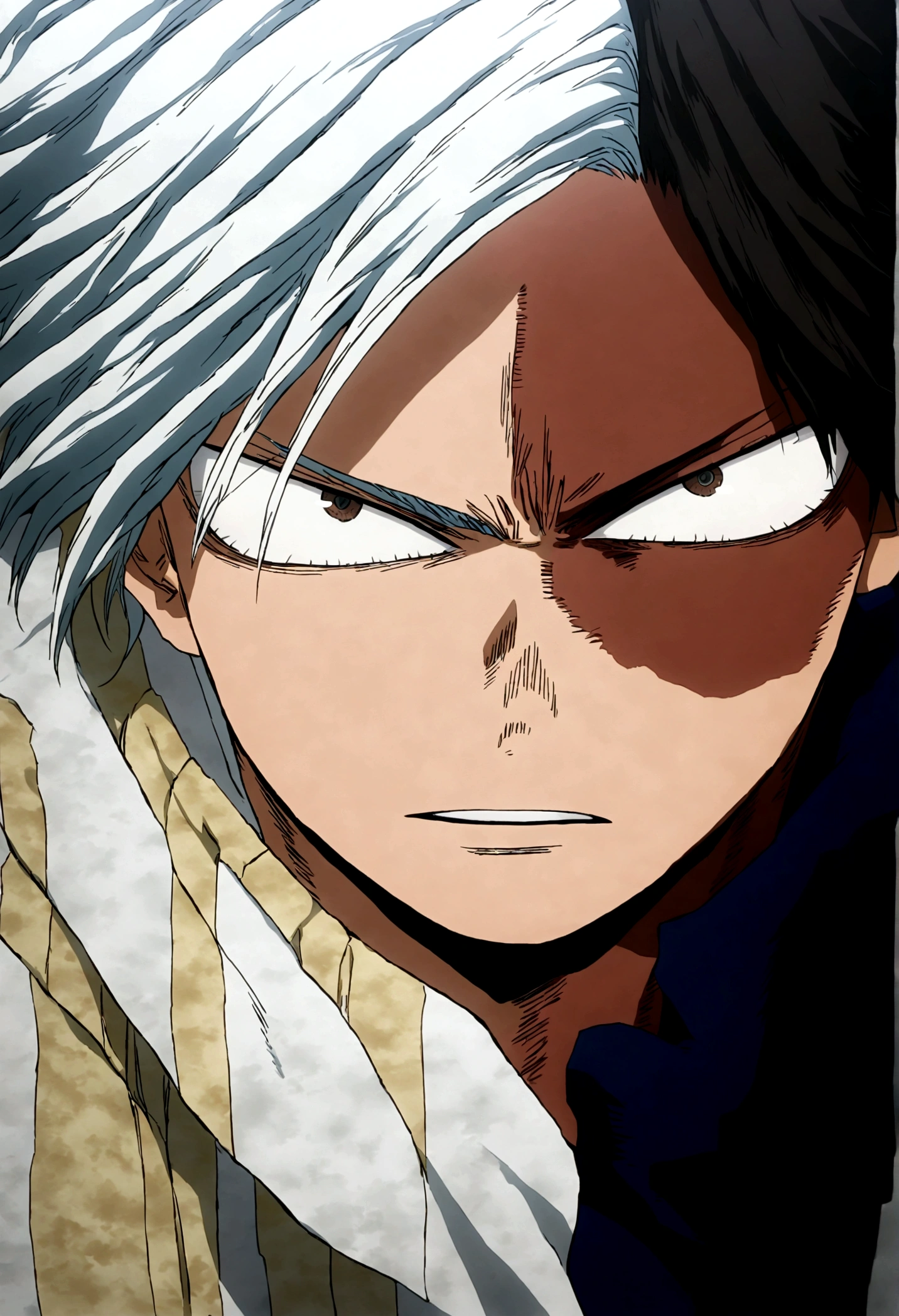 male character, cabello rizado azul oscuro y un mechon de cabello azul claro, dark brown eyes and dark skin. Estilo Boku no hero academia