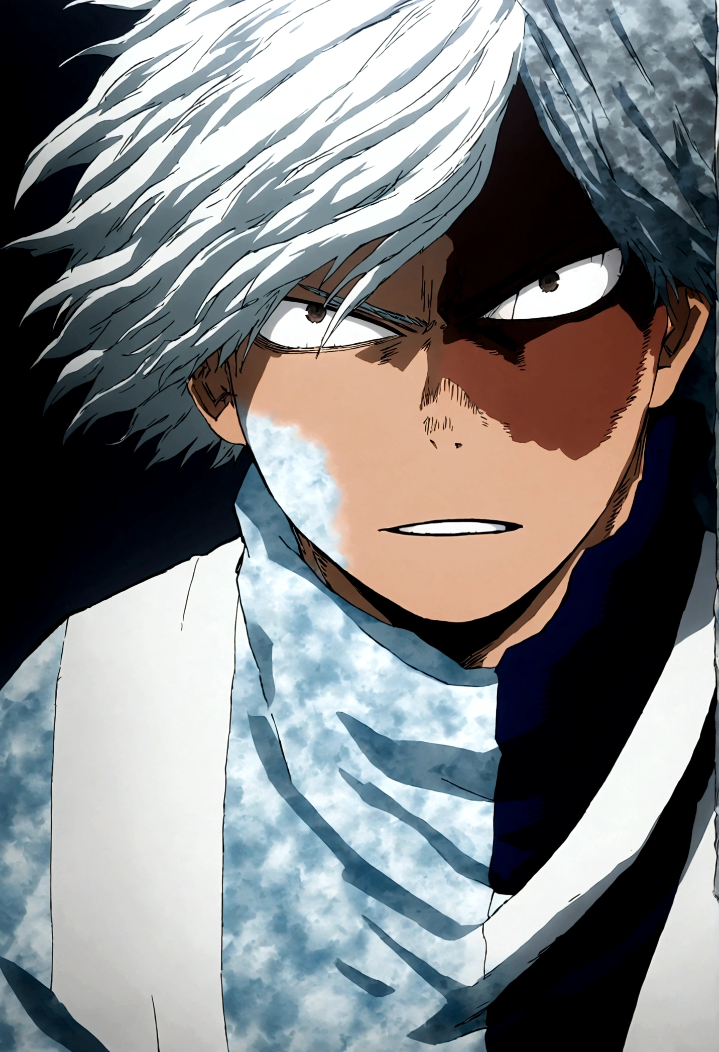 Sixteen year old male character, cabello rizado azul oscuro y un mechon de cabello azul claro, dark brown eyes and dark skin. Estilo Boku no hero academia 