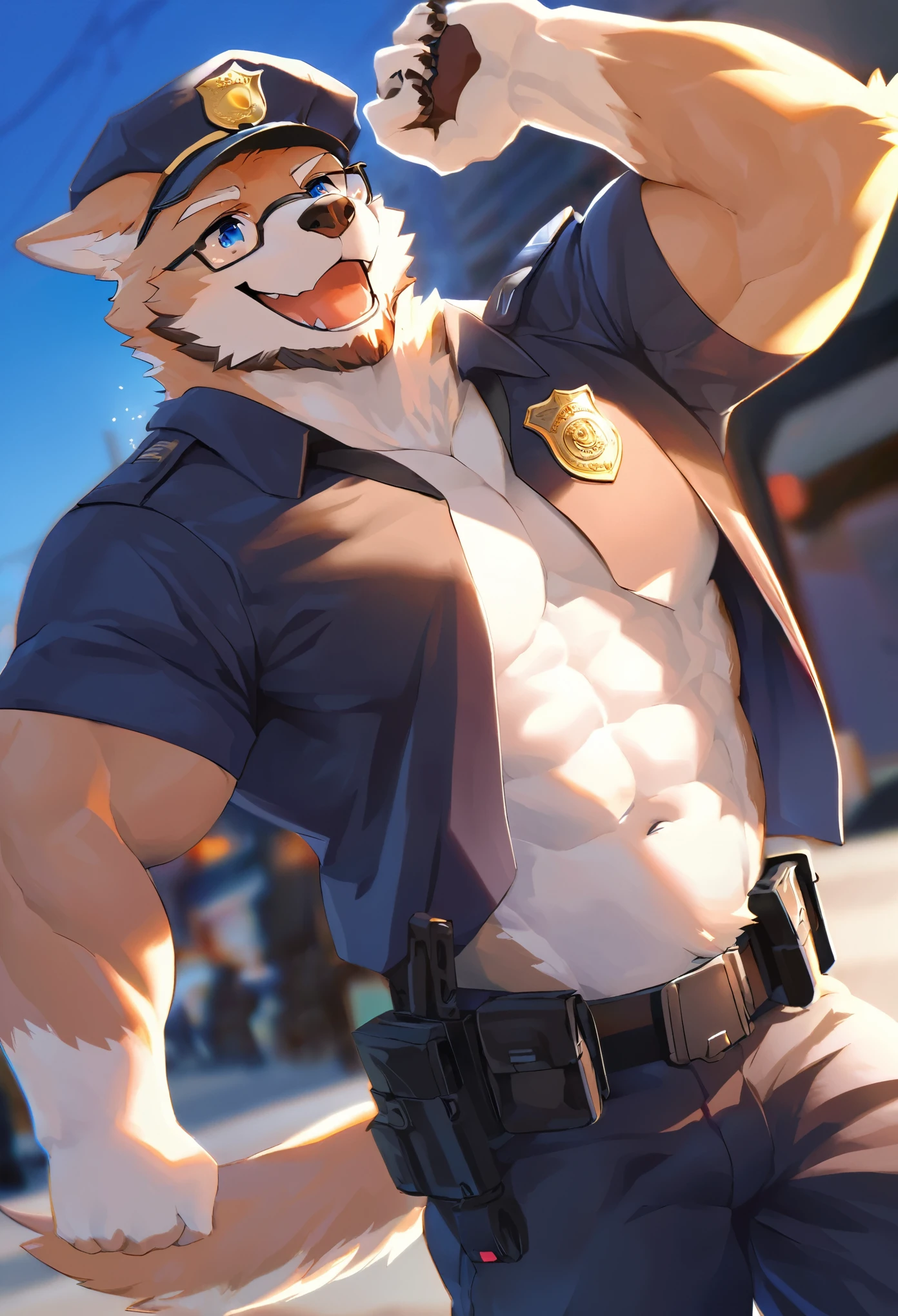 highres, paid reward available, unparalleled masterpiece, street(highly detailed beautiful face and eyes)absurdres, perfect anatomy, good lighting, volumetric lighting, cinematic shadow(angelic handsome 1boy, kemono, solo focus, single, muscle man, beard, dignified, Laugh wildly, glasses)(furry anthro:1.7)(Furry body, dog facial features, dog body features)(very detailed body fur)dynamic pose, ((police officer, black police uniform))muscle, facial hair, shirt,