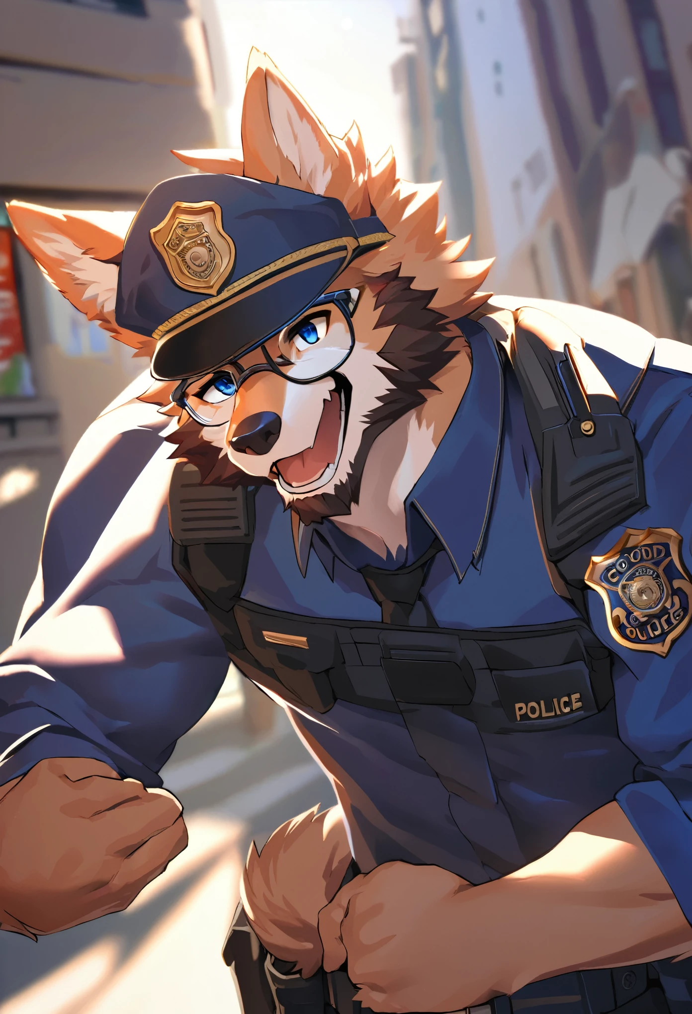 highres, paid reward available, unparalleled masterpiece, street(highly detailed beautiful face and eyes)absurdres, perfect anatomy, good lighting, volumetric lighting, cinematic shadow(angelic handsome 1boy, kemono, solo focus, single, muscle man, beard, dignified, Laugh wildly, glasses)(furry anthro:1.7)(Furry body, dog facial features, dog body features)(very detailed body fur)dynamic pose, ((police officer, black police uniform))muscle, facial hair, shirt,