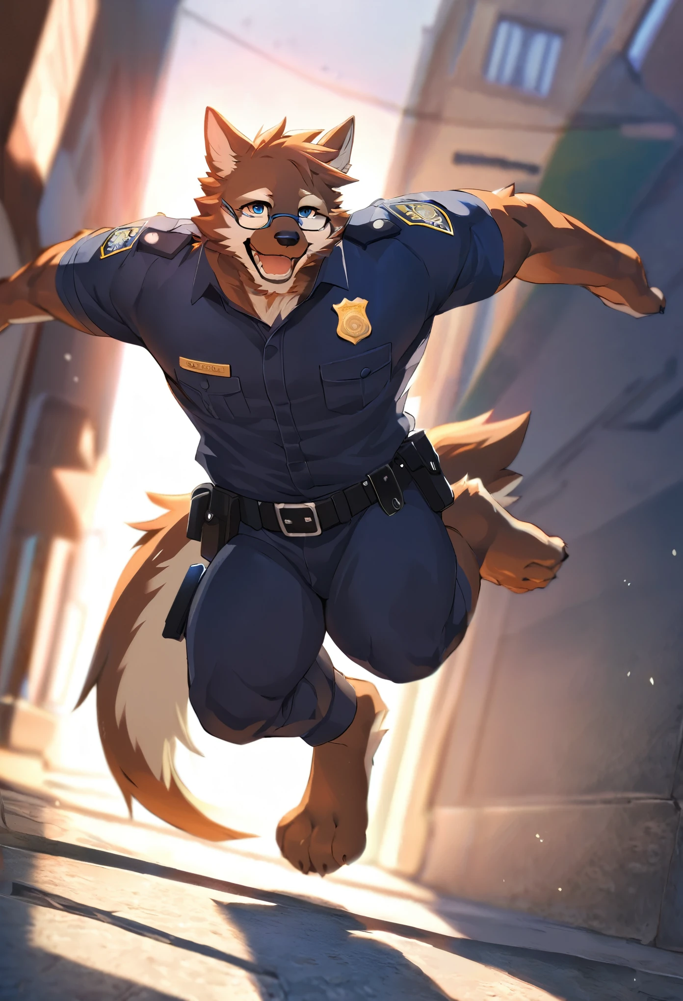 highres, paid reward available, unparalleled masterpiece, street(highly detailed beautiful face and eyes)absurdres, perfect anatomy, good lighting, volumetric lighting, cinematic shadow(angelic handsome 1boy, kemono, solo focus, single, muscle man, beard, dignified, Laugh wildly, glasses)(furry anthro:1.7)(Furry body, dog features, dog body features)(very detailed body fur)dynamic pose, ((police officer, black police uniform))muscle, facial shirt,