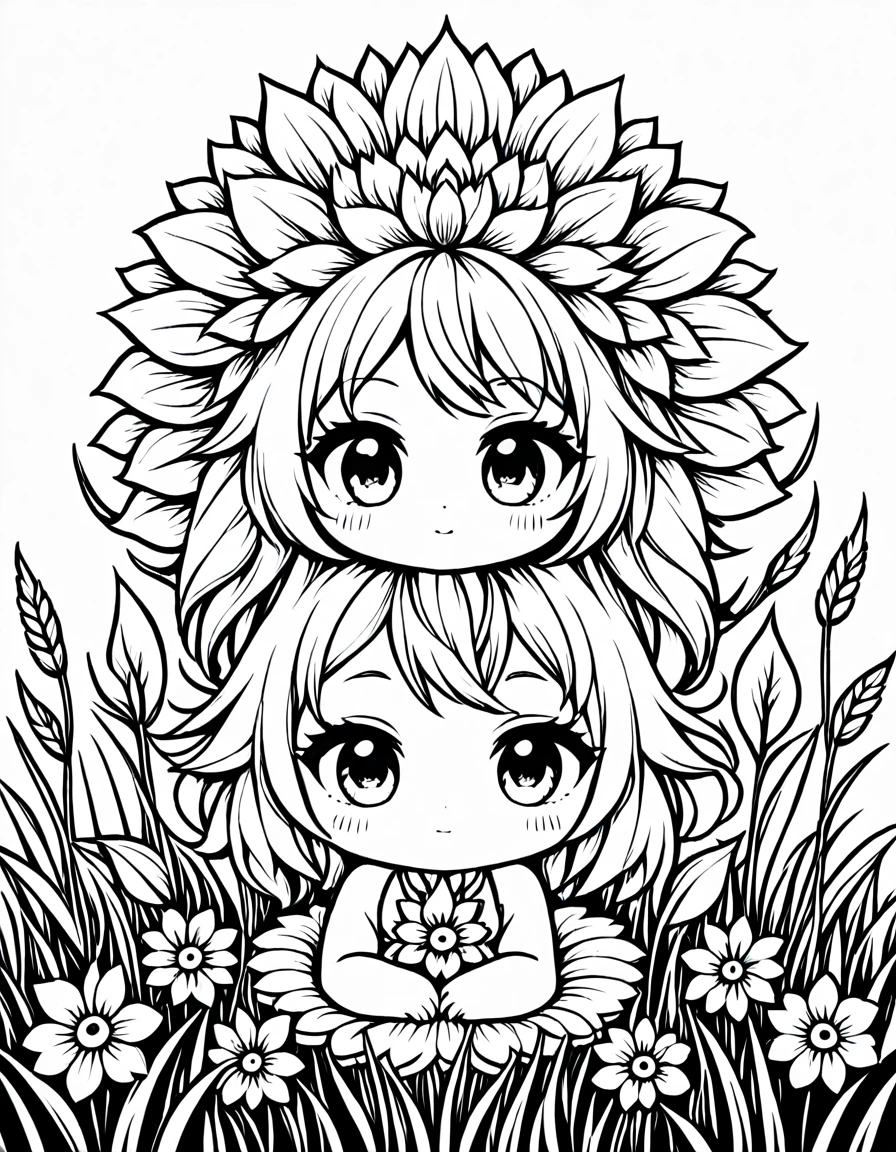 arte em tinta fina, comic style, flower mandala , coloring book page, black and white only, no colors, no shadows, chibi style, white background backgorund, grass field