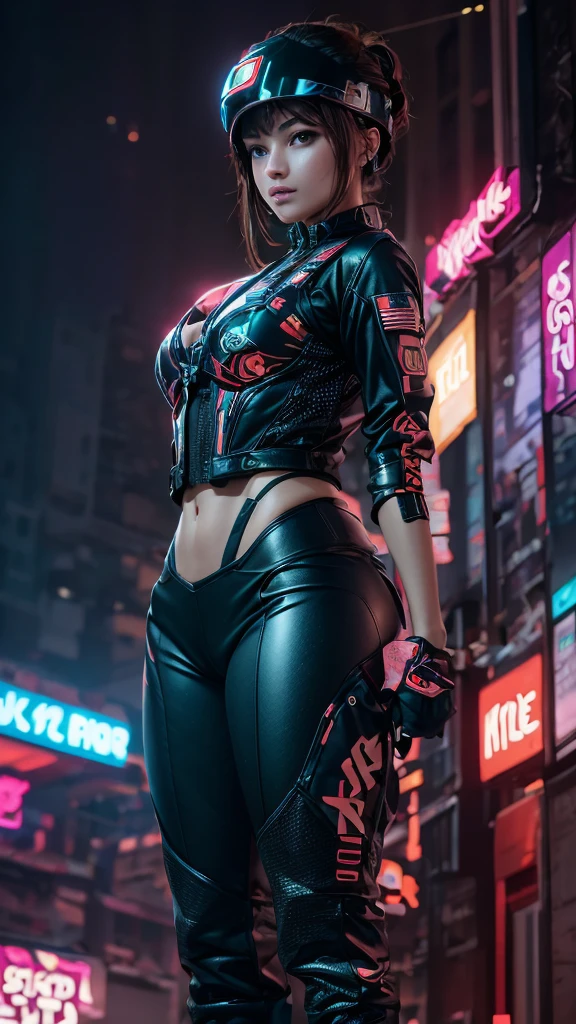 A woman, battle suit, with neon lights, helmet, cyberpunk, is posing sexy, extreme lights, extreme sharpness, (62k ultra definition), (((masterpiece))), (intricate details), beautiful design, original,