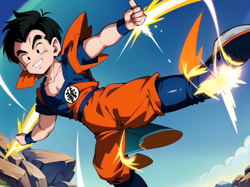 (8k, best quality, masterpiece:1.2), (finely detailed),kuririn, 1boy, (black hair:1.2), male focus, solo, charging,rocky grassfields,looking at viewer, smile, orange dougi, orange pants, blue wristbands, blue sash, black boots, dark blue shirt, patch, short sleeves, no sclera, (medium hair)