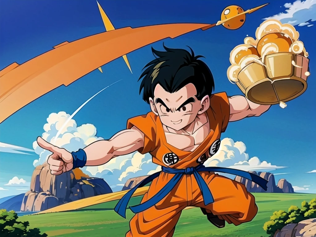 (8k, best quality, masterpiece:1.2), (finely detailed),kuririn, 1boy, (black hair:1.2), male focus, solo, charging,rocky grassfields,looking at viewer, smile, orange dougi, orange pants, blue wristbands, blue sash, black boots, dark blue shirt, patch, short sleeves, no sclera, (medium hair)