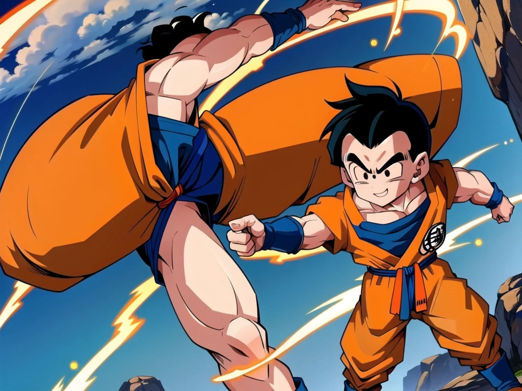 (8k, best quality, masterpiece:1.2), (finely detailed),kuririn, 1boy, (black hair:1.2), male focus, solo, charging,rocky grassfields,looking at viewer, smile, orange dougi, orange pants, blue wristbands, blue sash, black boots, dark blue shirt, patch, short sleeves, no sclera, (medium hair)