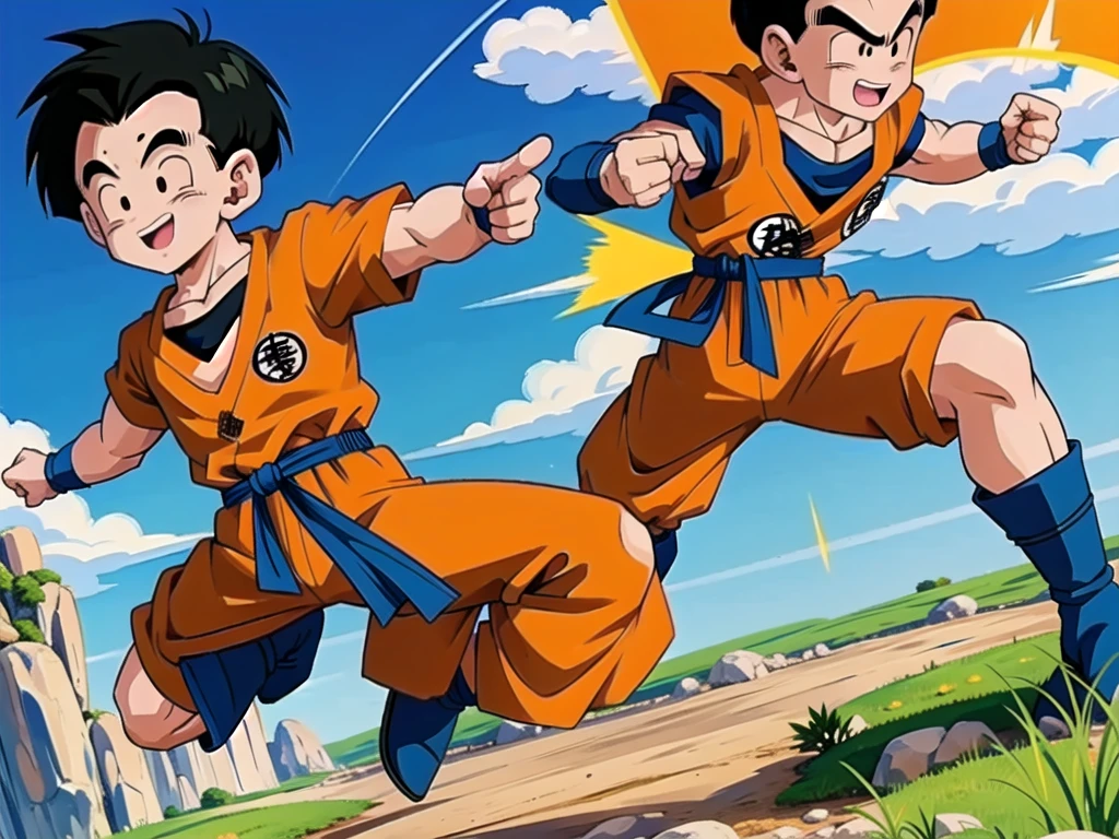 (8k, best quality, masterpiece:1.2), (finely detailed),kuririn, 1boy, (black hair:1.2), male focus, solo, charging,rocky grassfields,looking at viewer, smile, orange dougi, orange pants, blue wristbands, blue sash, black boots, dark blue shirt, patch, short sleeves, no sclera, (medium hair)