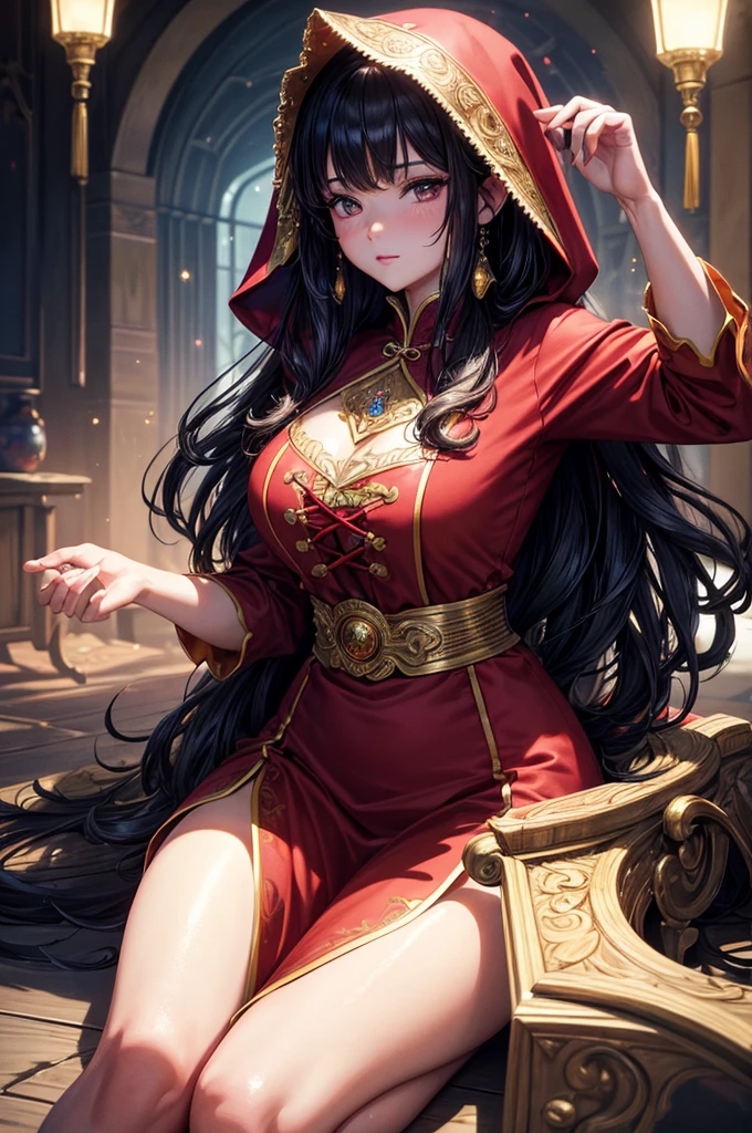 full-body image Little Red Riding Hood Costume,Anime, wearing Chinese red, long-sleeved Little Red Riding Hood clothes. Long, flowing, stylish black hair. There is a sparkling golden light in the palm of your hand. The dark night beside the winding river is very beautiful. fantasy world. Cinematic light, ethereal light, intricate details, ultra details, incredible details, colors, intricate details, extremely detailed and intricate, super max, extremely detailed with rich colors. masterpiece, best quality, aerial view, HDR, UHD, unreal engine. Chubby look into the lens, (shiny jewelry) ((acrylic illustration, by artgerm, by kawacy, by John Singer Sargenti) Dark virtual background, shiny jewelry, Representation, white skin, beautiful face, Rich in details High quality, beautiful, captivating, 8k, super detailed, impressive lights and shadows, detailed decorations, detailed lines
