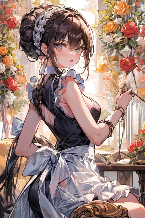 (from below:1.2),(from side:0.6),(Close-Up:0.4), (A masterpiece of image quality in 8K),(Beautiful Allafed Woman),(((emphasizing breasts:1.1))),(Dynamic angles),(Dynamic and sexy bending pose:1.3),(sit a chair:1.2),(Short hair in shiny silver and orange inner colors,small full breasts,Disturbance of clothing due to movement,breast slip,(Ponytail twisted buns adorned with elaborate braids and beads,Braided Setup Fishbone Hair:1.2),(see-through bangs),small breasts,(((A brown lace apron that shows your bare skin from under your small breasts.......)))、garters,Blush with embarrassment、Enraptured eyes、 little open mouth,A smile that beguiles the viewer、(Look back:1.2)、Look into the photographer,skin glistening with sweat,gazing at viewer,,(Professional Lighting),(masutepiece,top-quality,Ultra-high resolution output image,),(Ultra HD with complex detail image modes),depth of fields,Beautiful hands,Beautiful fingers,Detailed finger features,(Detailed hair features:1.7),detailed facial features,detailed clothes features,