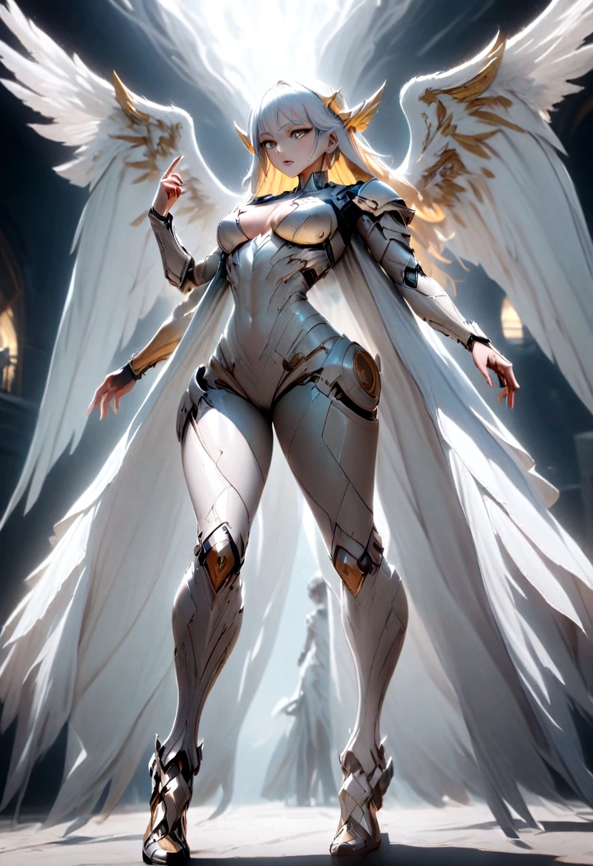 You have a mission!! task (((The most beautiful bionic angel in a perfectly tailored outfit in a given situation))), (give the solution!!), (((one rule is the golden ratio and white balance))), ((always draw hands and fingers correctly, correct them if you make a mistake)), In the darkness, a woman's figure is illuminated by a circular light that frames her head, young cyborgetic angelic female, complete body, Caucasian skin, short, body, bio cyborg body, show cleavage, bio cyborg arm's, curved lips, long fire hair, bio cyborg legs, battle Valhalla background, ultra detailed lighting, Translucent mechanical wing , ultrarealistic, 8k, neon golden eyes,