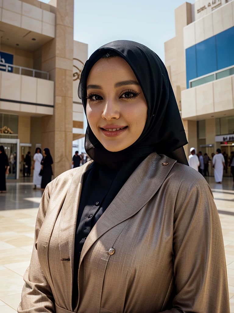 milf wearing a hijab, cinematic lighting, realistic skin, blushing, cute, sunlight, smiling, abaya, mall