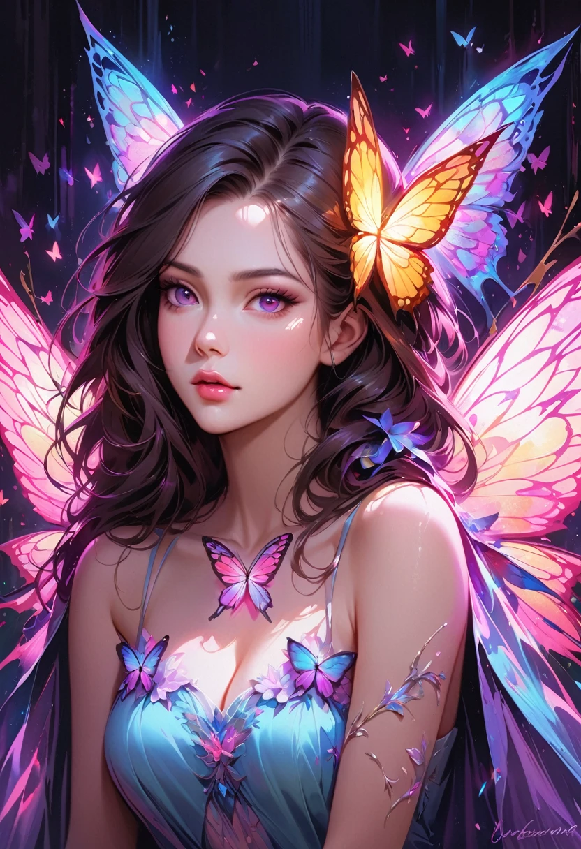 neon erfly порхает ночью над светящимися цветами. neon butty, very realistic, with beautiful wings, beautiful digital art work, beautiful digital art,