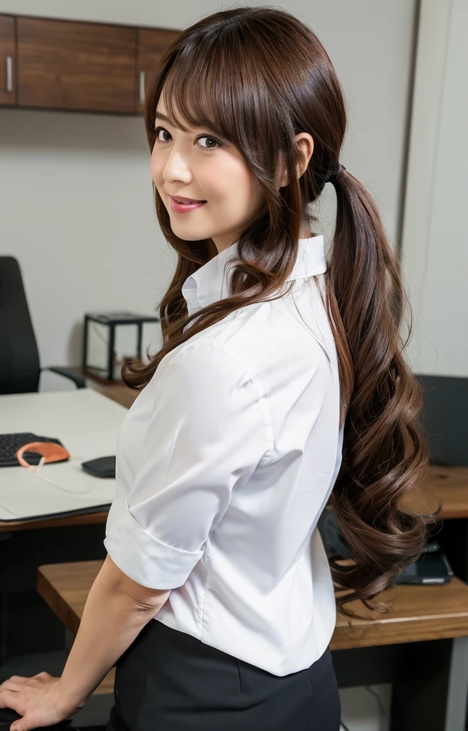 (Best quality, 8k, 32k, Masterpiece, UHD:1.2), from behind, 1 walking girl, beautiy Japanese office lady, (smile:0.5), (looking at the the viewer), 30 years old, bit chubby, white shirt, black skirt, office room, desk, detailed beautiful face, twin-tail wavy hair, from below,