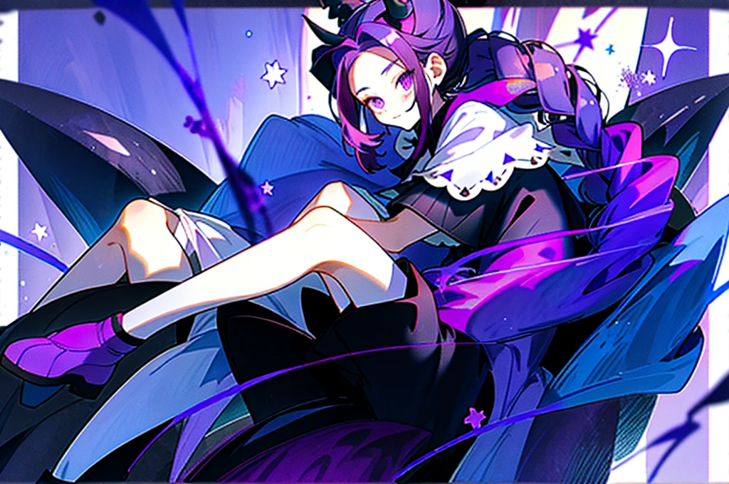 boy rabbit thoughtful look open forehead. dark purple hair braided into a ponytail on the left side. sinuous black horns wrapped in dark purple ribbon. pale violet eyes. in short dark purple shorts. long white T-shirt. dark purple knee-high socks. white long cloak with hood inside. stone walls purple light