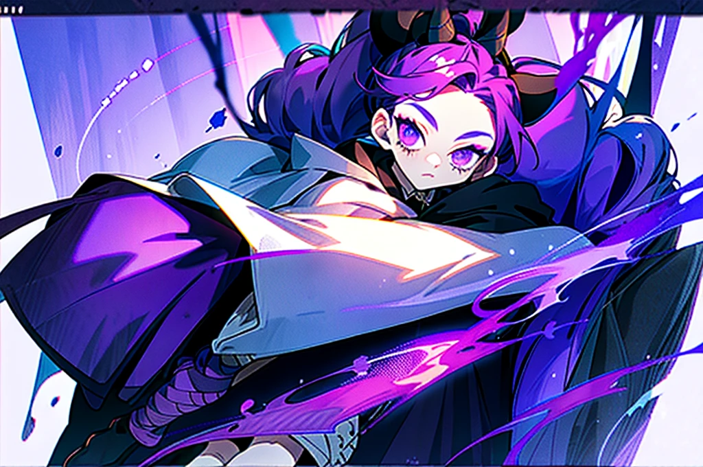 boy rabbit thoughtful look open forehead. dark purple hair braided into a ponytail on the left side. sinuous black horns wrapped in dark purple ribbon. pale violet eyes. in short dark purple shorts. long white T-shirt. dark purple knee-high socks. white long cloak with hood inside. stone walls purple light