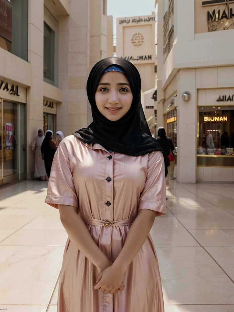 girl wearing a hijab, cinematic lighting, realistic skin, blushing, cute, sunlight, smiling, abaya, mall, Emily Rudd