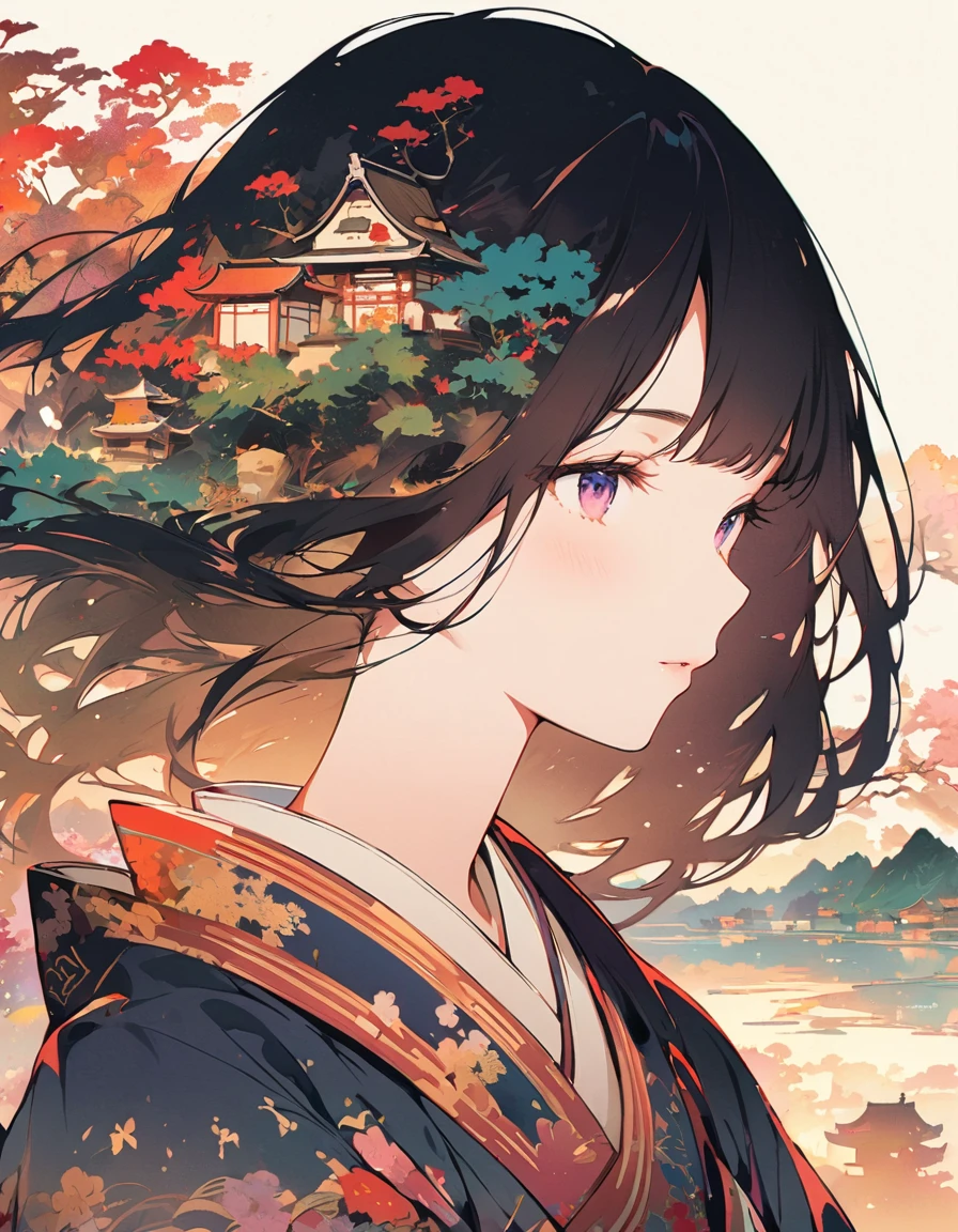 Girl silhouette, filled with scenes of old Japan , traditional japanese landscape, close-up, double exposure, White background