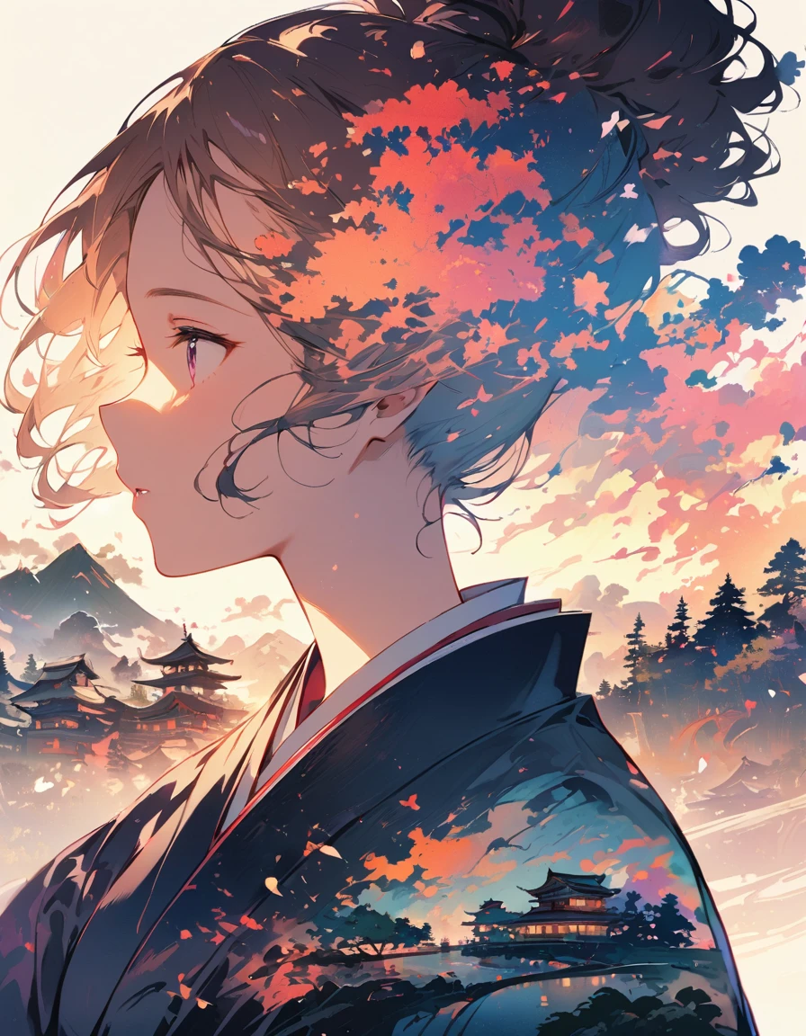 Girl silhouette, filled with scenes of old Japan , traditional japanese landscape, close-up, double exposure, White background