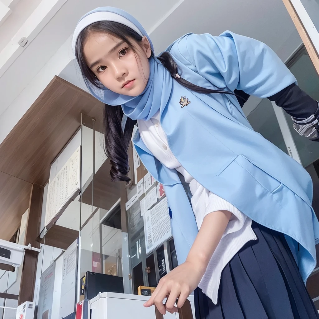 an Indonesian woman wearing a white scarf and a light blue skirt, girl wearing , uniform, white hijab, hijab, school girl, wearing , wearing a , student, , wonderful masterpiece, seifuku, cute , uniform, wearing authentic attire, candid picture, wearing headmistress uniform
