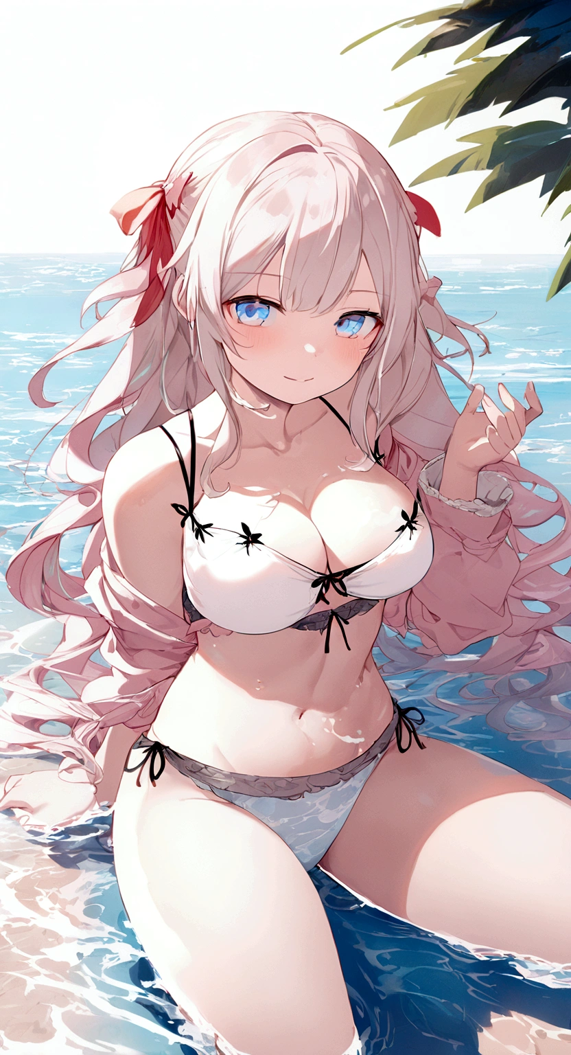 Anime style female character in water, (Long white hair:1.2), (Gentle expression:1.1), blue eyes, White tank top, (Ripple water effect around body:1.3), Sunlight reflecting on water, sunny, subtle water splash, High Resolution Digital Art, Soft color palette, Quiet atmosphere, (Calm sea background:1.1), Realistic water texture
