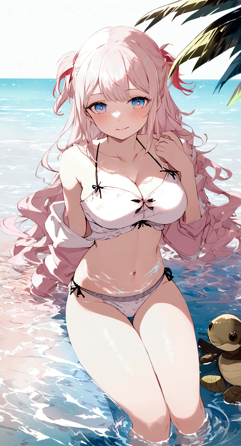 Anime style female character in water, (Long white hair:1.2), (Gentle expression:1.1), blue eyes, White tank top, (Ripple water effect around body:1.3), Sunlight reflecting on water, sunny, subtle water splash, High Resolution Digital Art, Soft color palette, Quiet atmosphere, (Calm sea background:1.1), Realistic water texture